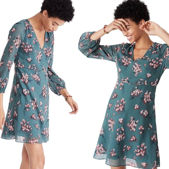 Madewell Dress Fit & Flare Mini Floral Print Vneck Quarter Sleeve Green Womens 4 - Picture 1 of 8